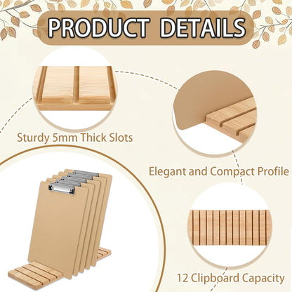 Bamboo Clipboard Holder, 12 Slots Clipboard Organizer, Storage Rack, Document Typing Paper Stand, Receipt Holder, Menu Display Receipt, for Office School Teacher No Assembly Required, 5.9x15.7''