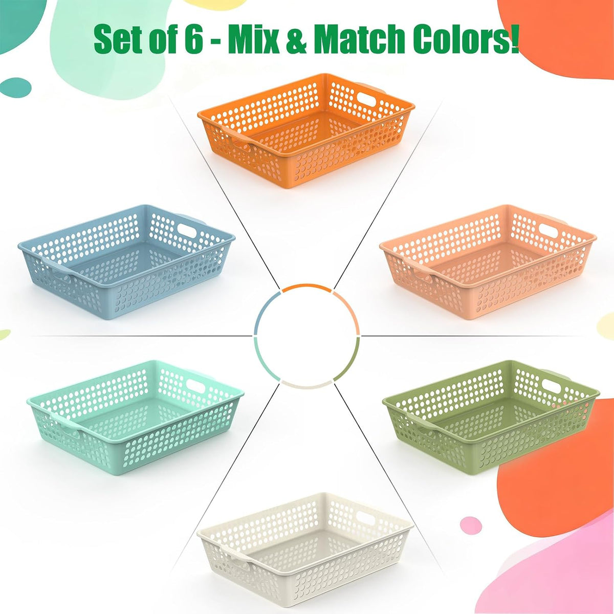 QRRICA 6 Pack Plastic Classroom Storage Baskets, Paper Trays for Classroom Organization & Turn in Trays for Teachers, Students, Desk Organizer Bin 13.8x10.6x3.1 Inch (Rainbow)
