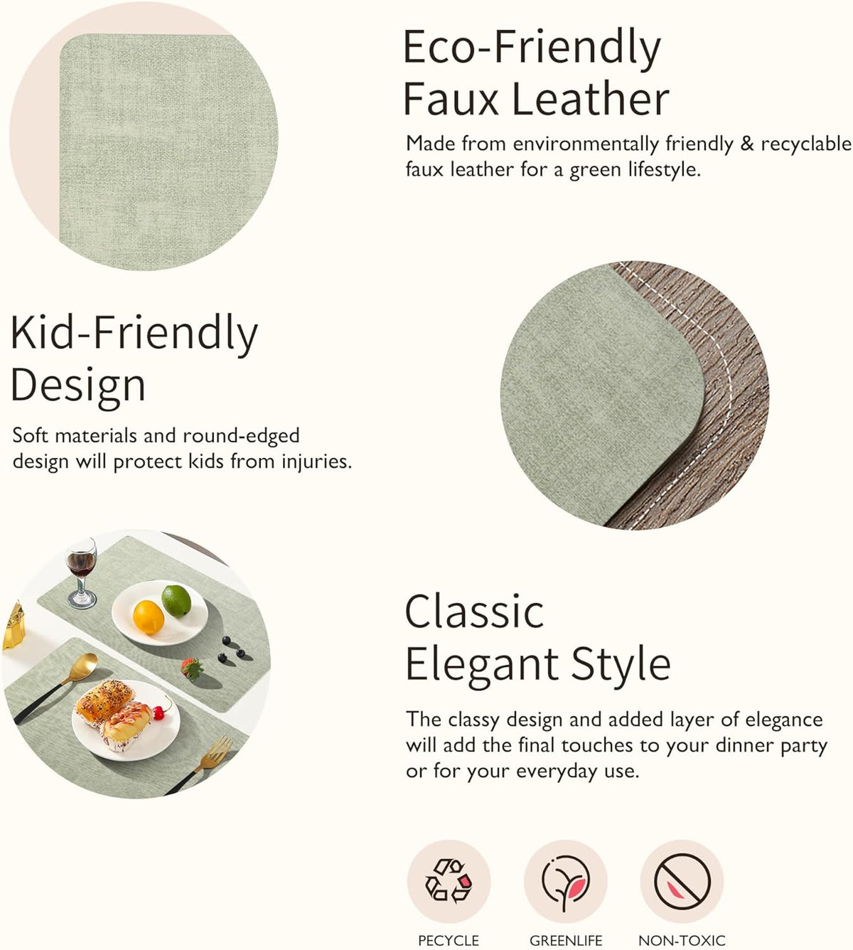 Maxpearl Faux Leather Placemats Set of 6 - Waterproof - Wipe Clean - Heat Resistant - Anti Slip Dining Table Place Mats, Suitable for Indoor & Outdoor Use, 17’’×12’’, Beige