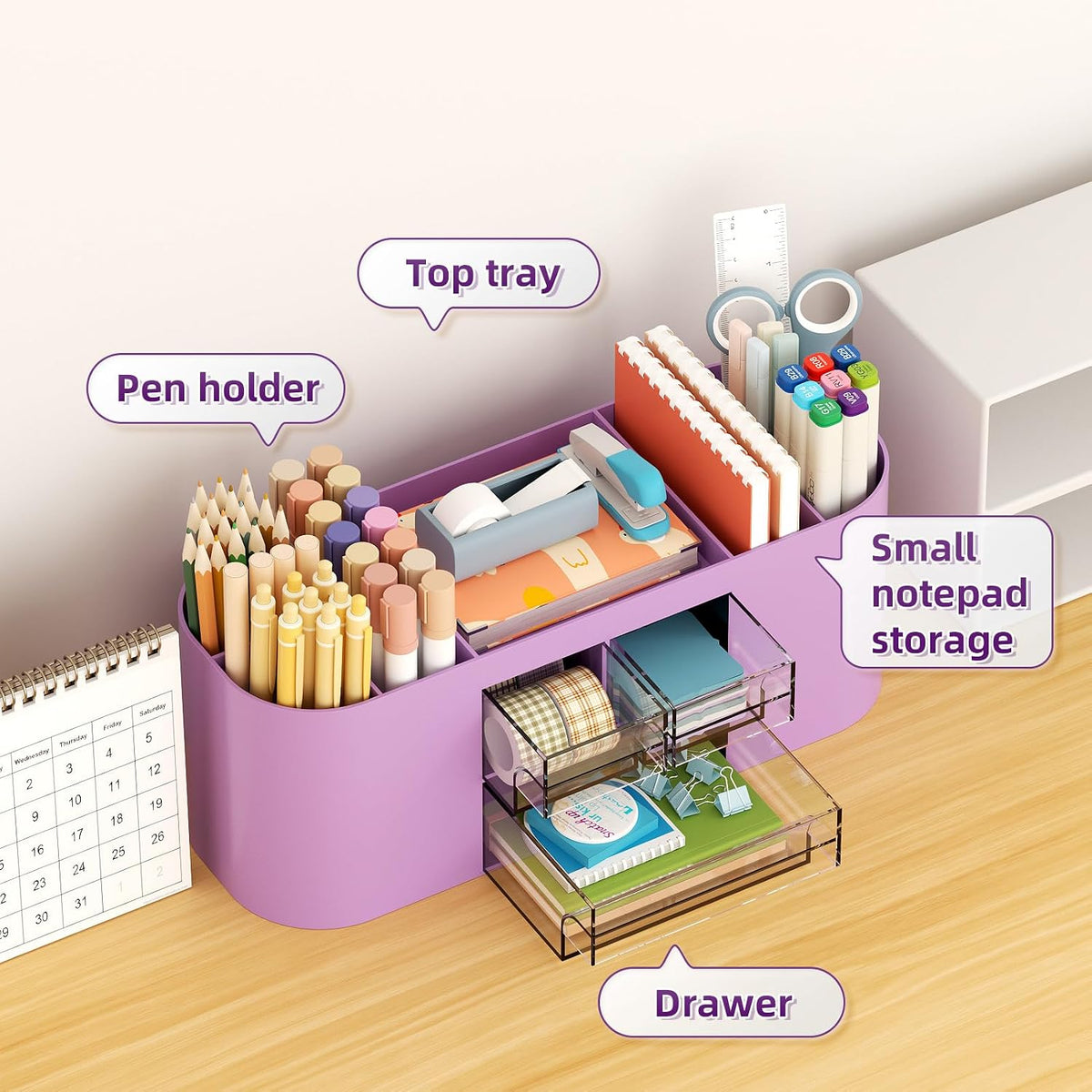 Marbrasse Desk Organizer Pen Holder for Desk with 3 Drawers, Multi-Functional Pencil Holder, Desk Organizers and Accessories with 7 Compartments for Home, School, Classroom(Pink)