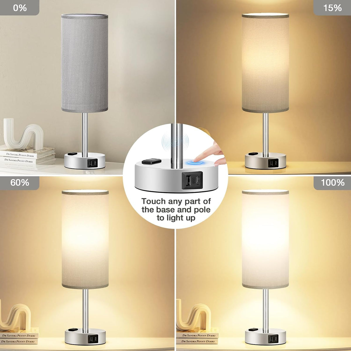Fenmzee Bedside Table Lamp for Bedroom - Dimmable Touch, USB A+C, AC Outlet