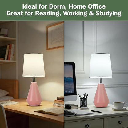 Small Bedside Table Lamp for Bedroom - Reading Desk Lamp with 3 Color Temperatures，15.5" Nightstand Ceramic Lamp with Fabric Shade for Kids Room,Living Room,Dorm,Home Office (Green)