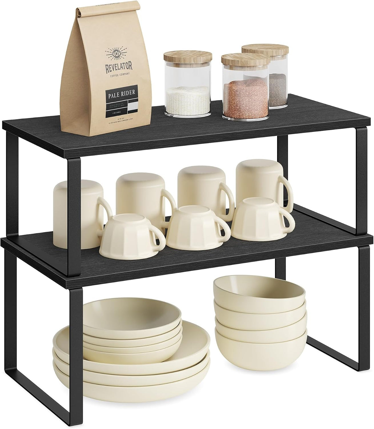 SONGMICS Cabinet Organizer Shelf, Set of 4 Kitchen Counter Shelves, Kitchen Storage, Spice Rack, Stackable, Expandable, Metal and Engineered Wood, Cloud White and Natural Beige UKCS010N01