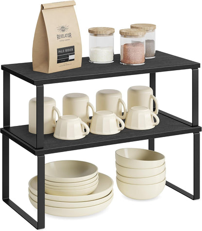 SONGMICS Cabinet Organizer Shelf, Set of 4 Kitchen Counter Shelves, Kitchen Storage, Spice Rack, Stackable, Expandable, Metal and Engineered Wood, Cloud White and Natural Beige UKCS010N01