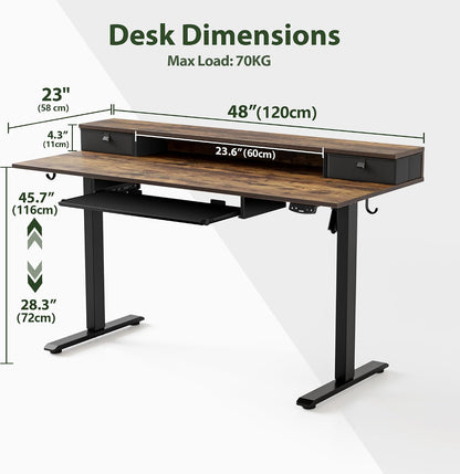 48 * 24 Inch Electric Standing Desk with Shelf & Led, Dark Walnut