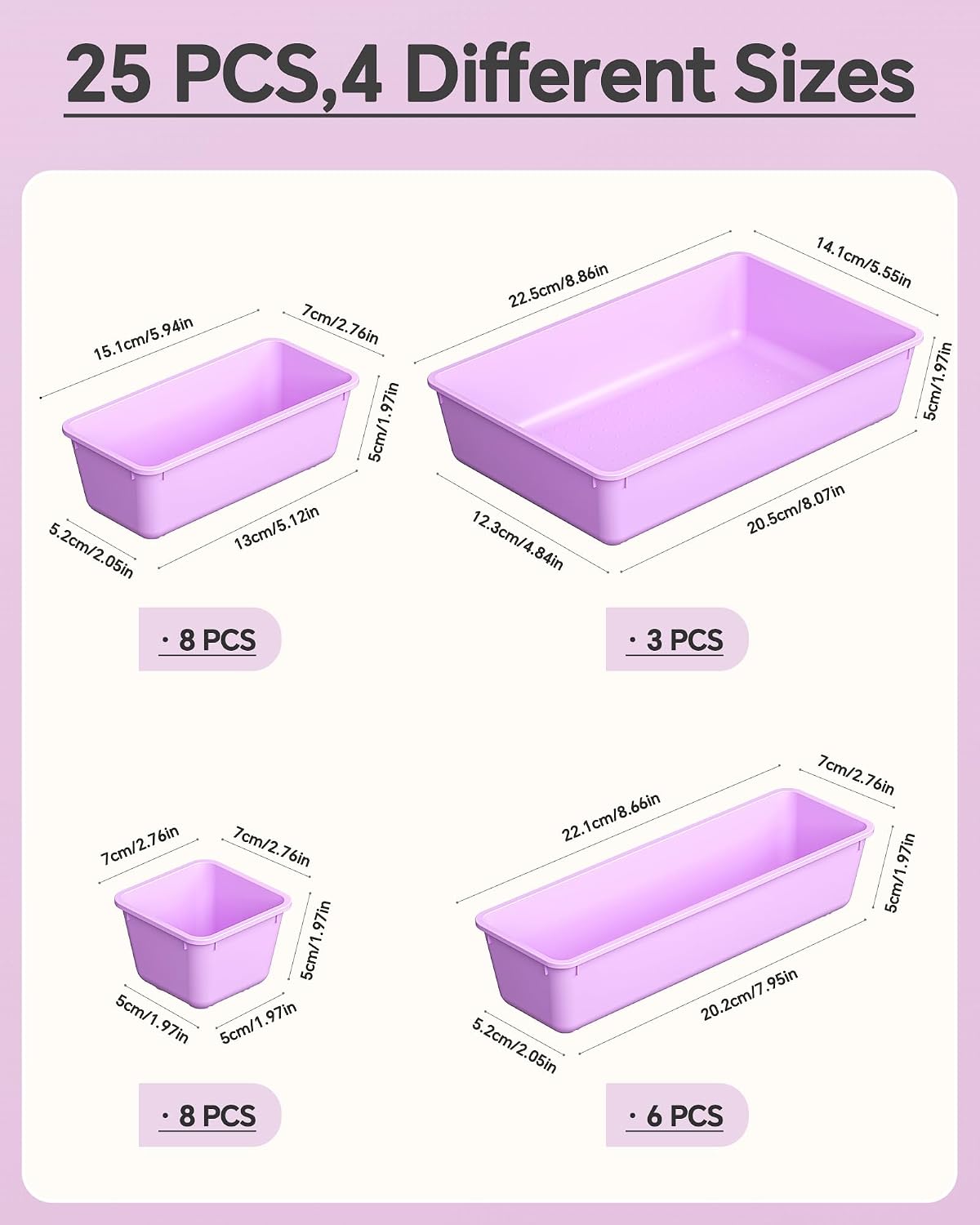 KEMETHY 25 PCS Plastic Drawer Organizers Set, 4 Sizes Vanity Organizer, Makeup and Desk Drawer Organizer Trays, Organization and Storage for Makeup, Bathroom, Kitchen Utensils and Office (Black)
