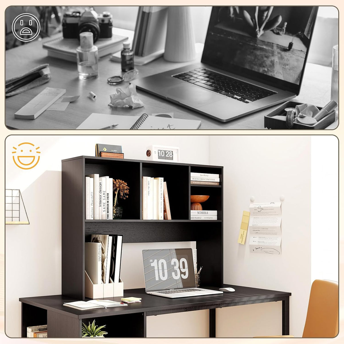 Desktop Bookshelf, Countertop Storage Hutch with 5 Shelves for Computer Desk, Desk 3-Tier Display Rack, Multipurpose Wood Desktop Hutch Storage Organizer for Dorm Office Home