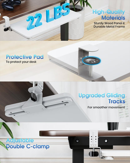 Small Keyboard Tray Under Desk, Pull Out Keyboard & Mouse Tray with Adjustable C-clamp, 20(25.9 Including Clamps) x 11.8 Inch Slide Out Computer Keyboard Drawer Mouse Tray for Typing, Walnut