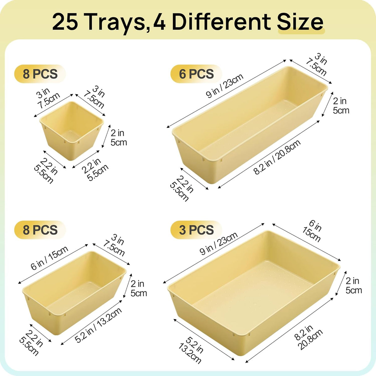 Vtopmart 25 PCS Clear Plastic Drawer Organizers Set, 4-Size Versatile Bathroom and Vanity Drawer Organizer Trays, Storage Bins for Makeup, Bedroom, Kitchen Gadgets Utensils and Office