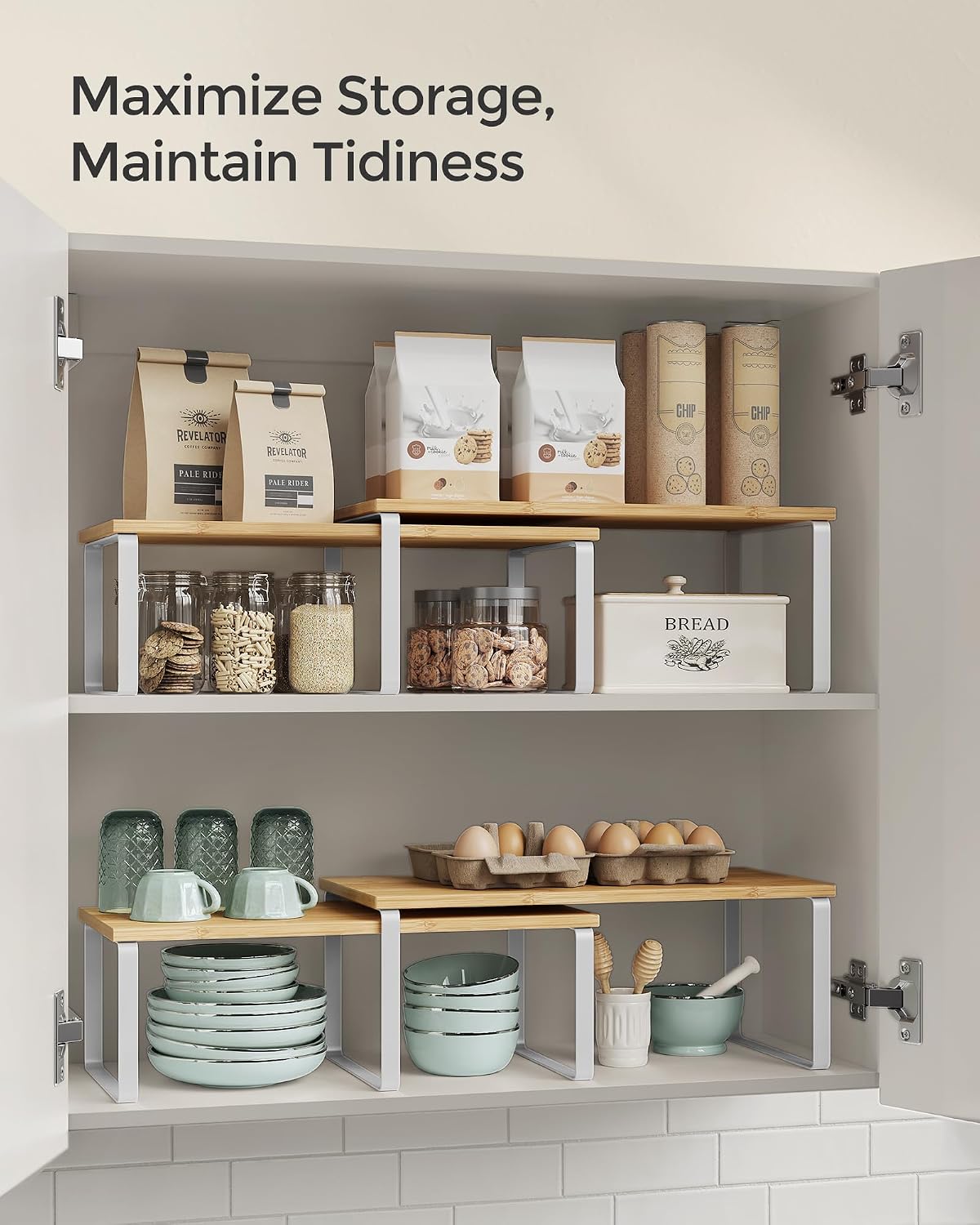 SONGMICS Cabinet Organizer Shelf, Set of 4 Kitchen Counter Shelves, Kitchen Storage, Spice Rack, Stackable, Expandable, Metal and Engineered Wood, Cloud White and Natural Beige UKCS010N01