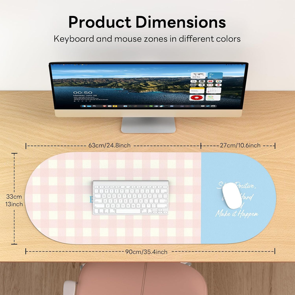 Checkered Pattern Desk Pad Protector, 35.5 x 13'' Aesthetic Mouse Mat for Desktop, Waterproof PU Leathe Non-Slip Desk Writing Pad for Office and Home, Green and Purple