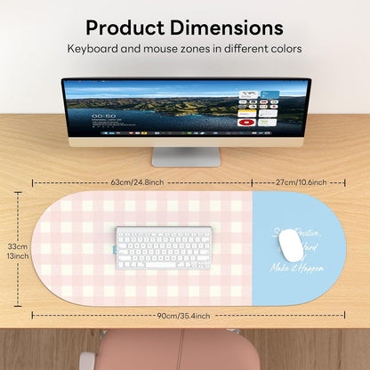 Checkered Pattern Desk Pad Protector, 35.5 x 13'' Aesthetic Mouse Mat for Desktop, Waterproof PU Leathe Non-Slip Desk Writing Pad for Office and Home, Green and Purple