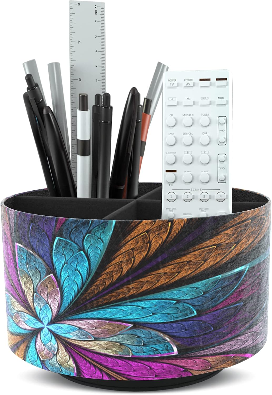 Round Leather Art Supply Organizer,Remote Control Holder,360 Degree Rotating,Multi-Functional Pencil Holder,4 Compartments Desktop Stationary Organizer(1-Blue Bird) - Colors B