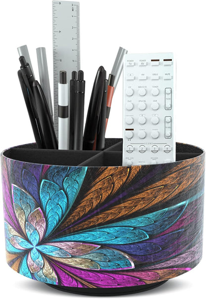 Round Leather Art Supply Organizer,Remote Control Holder,360 Degree Rotating,Multi-Functional Pencil Holder,4 Compartments Desktop Stationary Organizer(1-Blue Bird) - Colors B