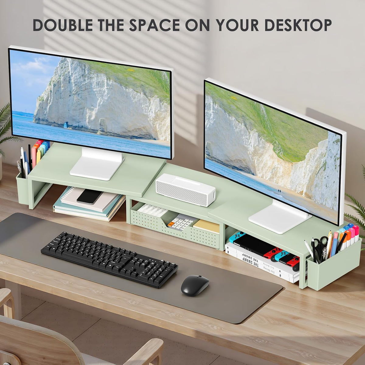 OPNICE Desk Organizers and Accessories, Dual Monitor Stand Riser with Drawer and 2 Pen Holders, Desk Shelf Metal Computer Racks for Office Workspace Organizers, Desktop Organization (Black Metal)
