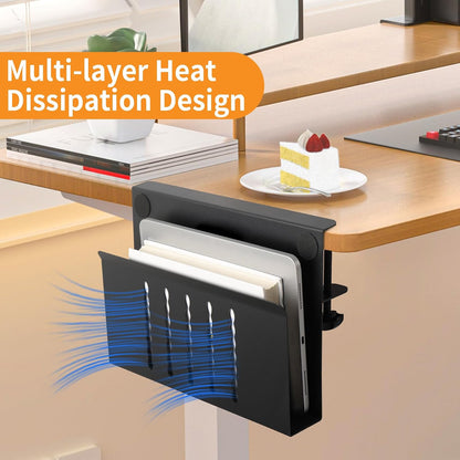 Desk Side Storage with Pen Holder, No Drill Hanging Desk Organizer Under Desk Storage Mount, Clamp-On Laptop Holder Table Side Tray Desktop Organization for Office and Home (Black)