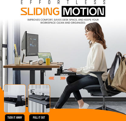 Keyboard Tray Under Desk Slide Out | MDF Board Platform with Iron Rail | Ergonomic Pull-Out Drawer with Clamp Mount | Space Saving Keyboard Shelf Attachment for Home Office Desk