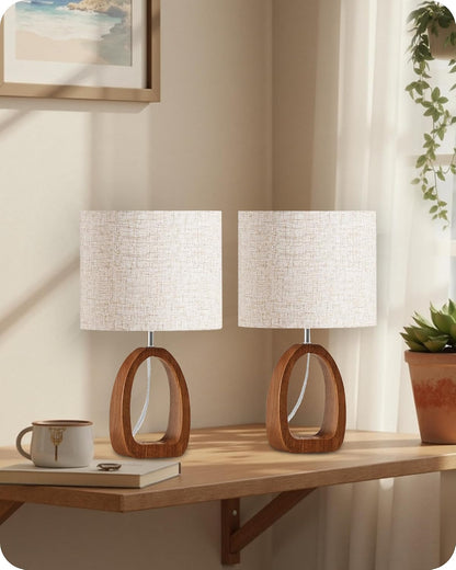 Small Table Lamp, 14.2" Cute Little Desk Lamp, Wood Bedside Lamp with Linen Lampshade, Modern Nightstand Lamp for Bedroom, E26 Base, Bulb Not Included, Beige and Dark Natural LE07TL05