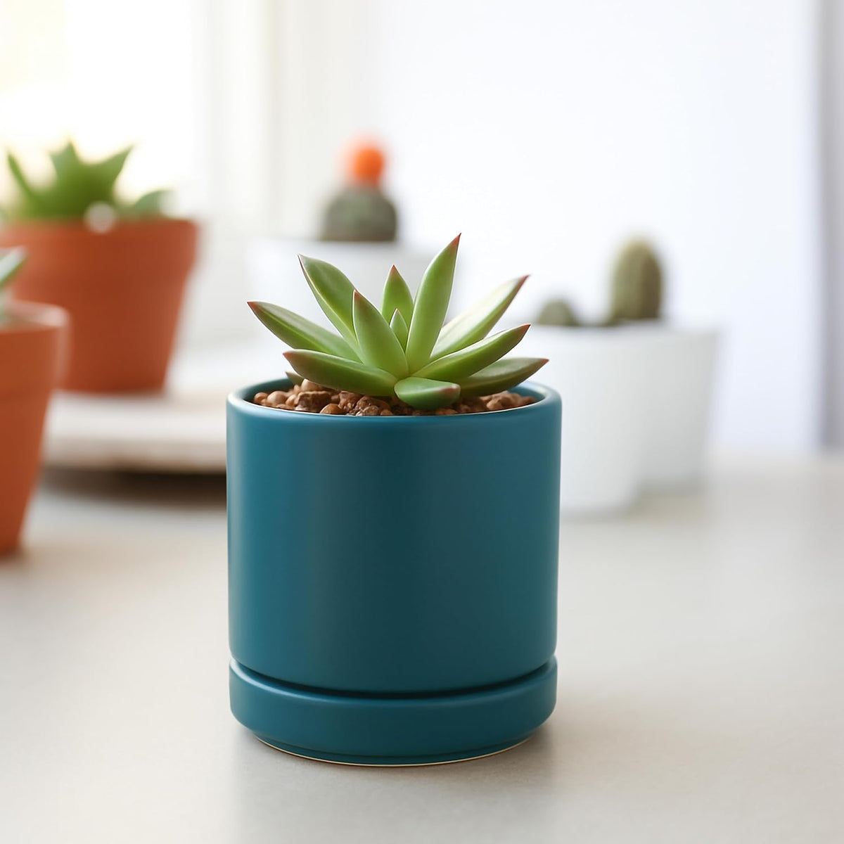 D'vine Dev 4.7 Inch Ceramic Planter Pot with Drainage Hole and Saucer, Indoor Cylinder Round Planter Pot, Teal, 94-O-B-9
