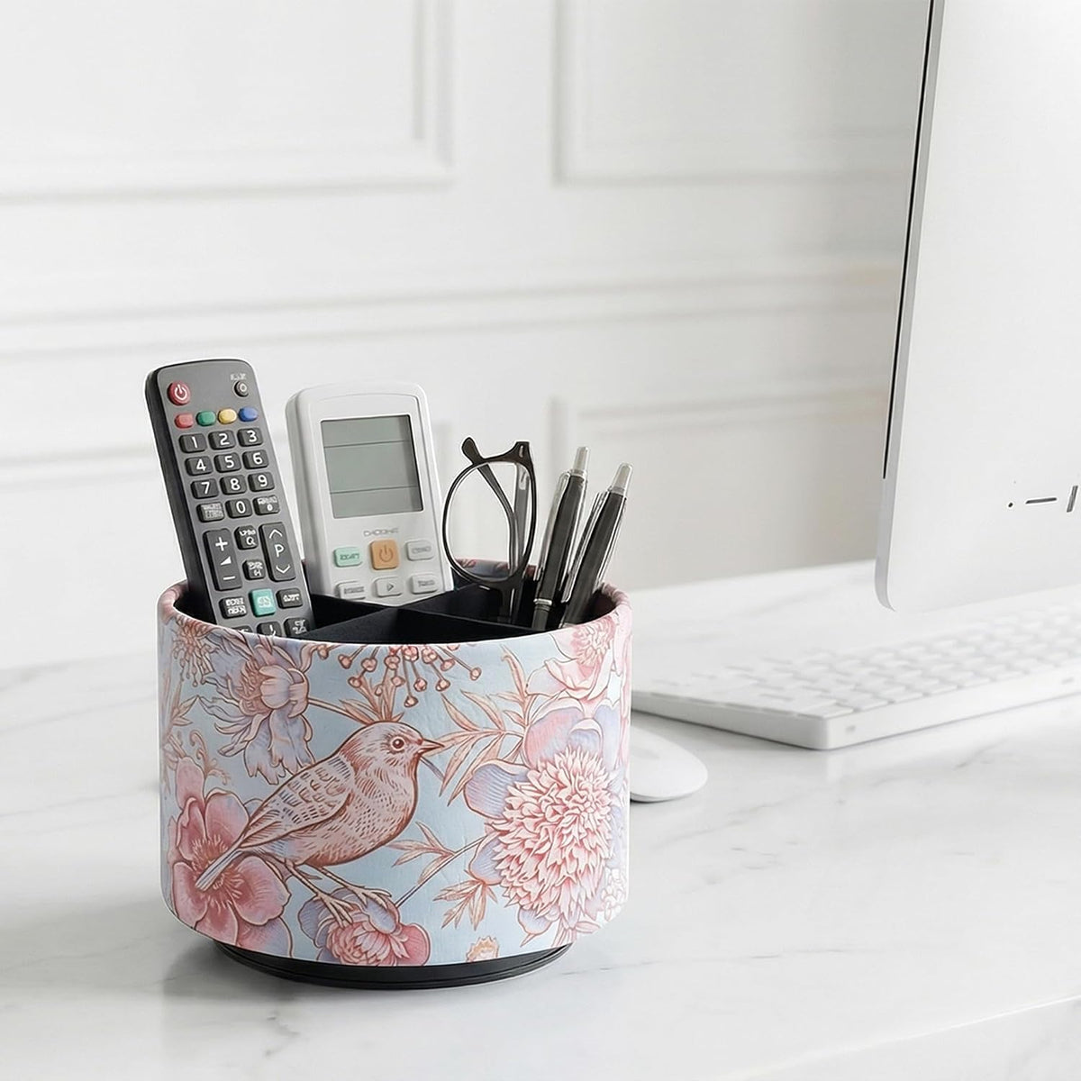 Round Leather Art Supply Organizer,Remote Control Holder,360 Degree Rotating,Multi-Functional Pencil Holder,4 Compartments Desktop Stationary Organizer(1-Blue Bird) - Colors C