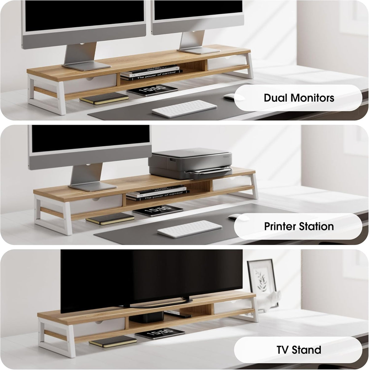 Fenge Dual Monitor Stand, Monitor Riser with Drawer, 42.5 Inch Large Computer Monitor Stand for 2 Monitors, 2 Tier Wooden Desk Shelf for Top of Desk