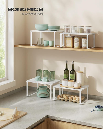 SONGMICS Cabinet Organizer Shelf, Set of 4 Kitchen Counter Shelves, Kitchen Storage, Spice Rack, Stackable, Expandable, Metal and Engineered Wood, Cloud White and Natural Beige UKCS010N01