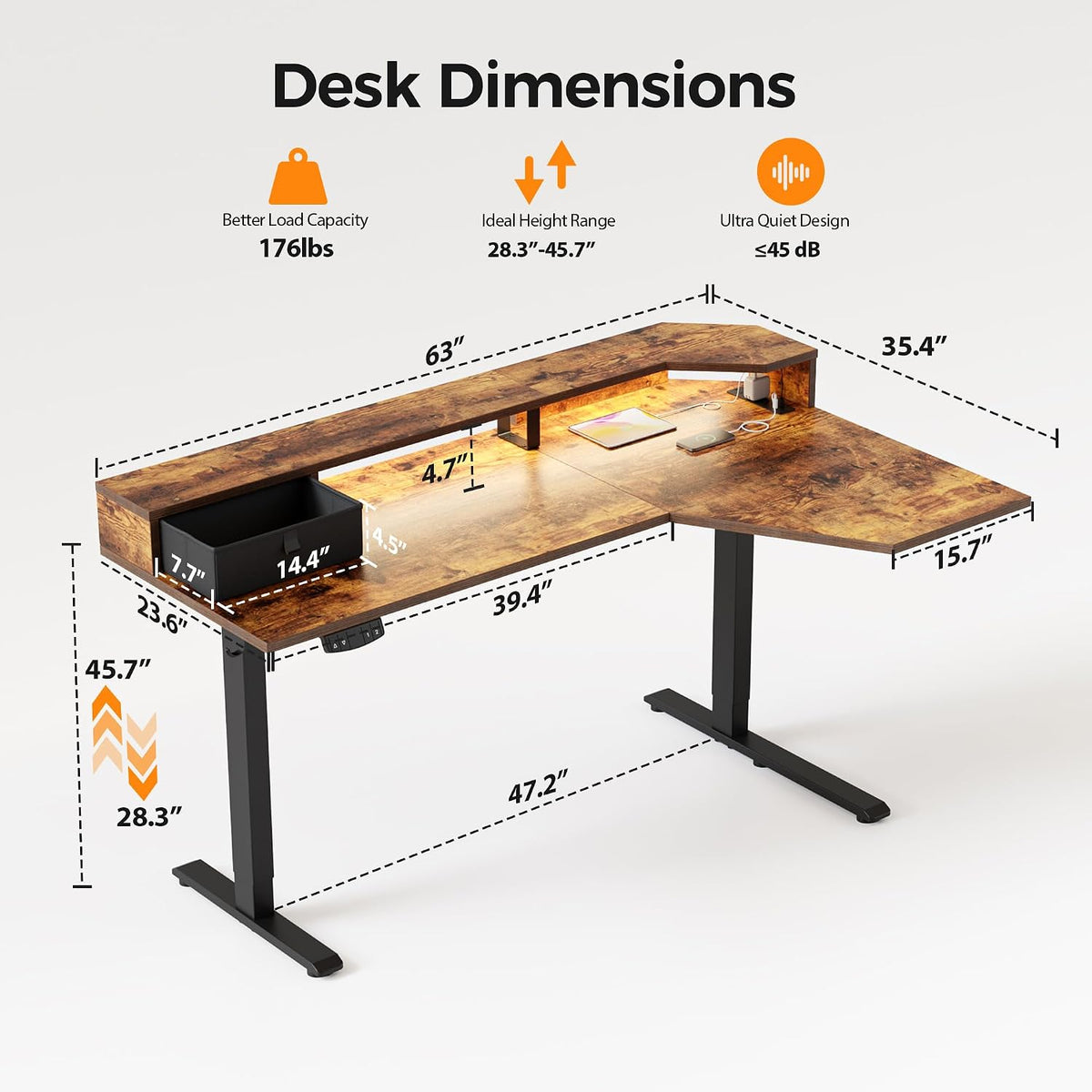 48 * 24 Inch Electric Standing Desk with Shelf & Led, Dark Walnut