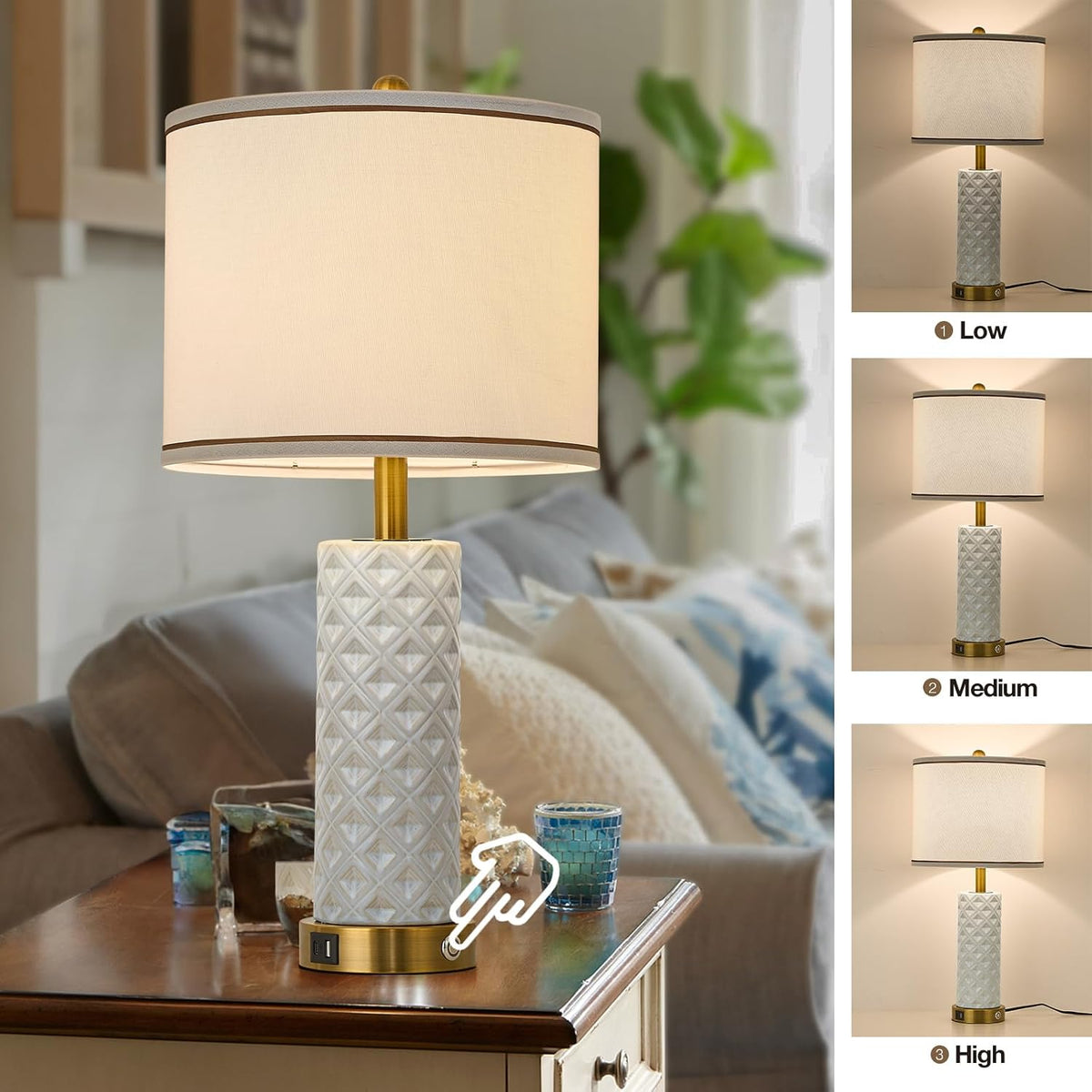 Small Bedside Table Lamp for Bedroom - Reading Desk Lamp with 3 Color Temperatures，15.5" Nightstand Ceramic Lamp with Fabric Shade for Kids Room,Living Room,Dorm,Home Office (Green)