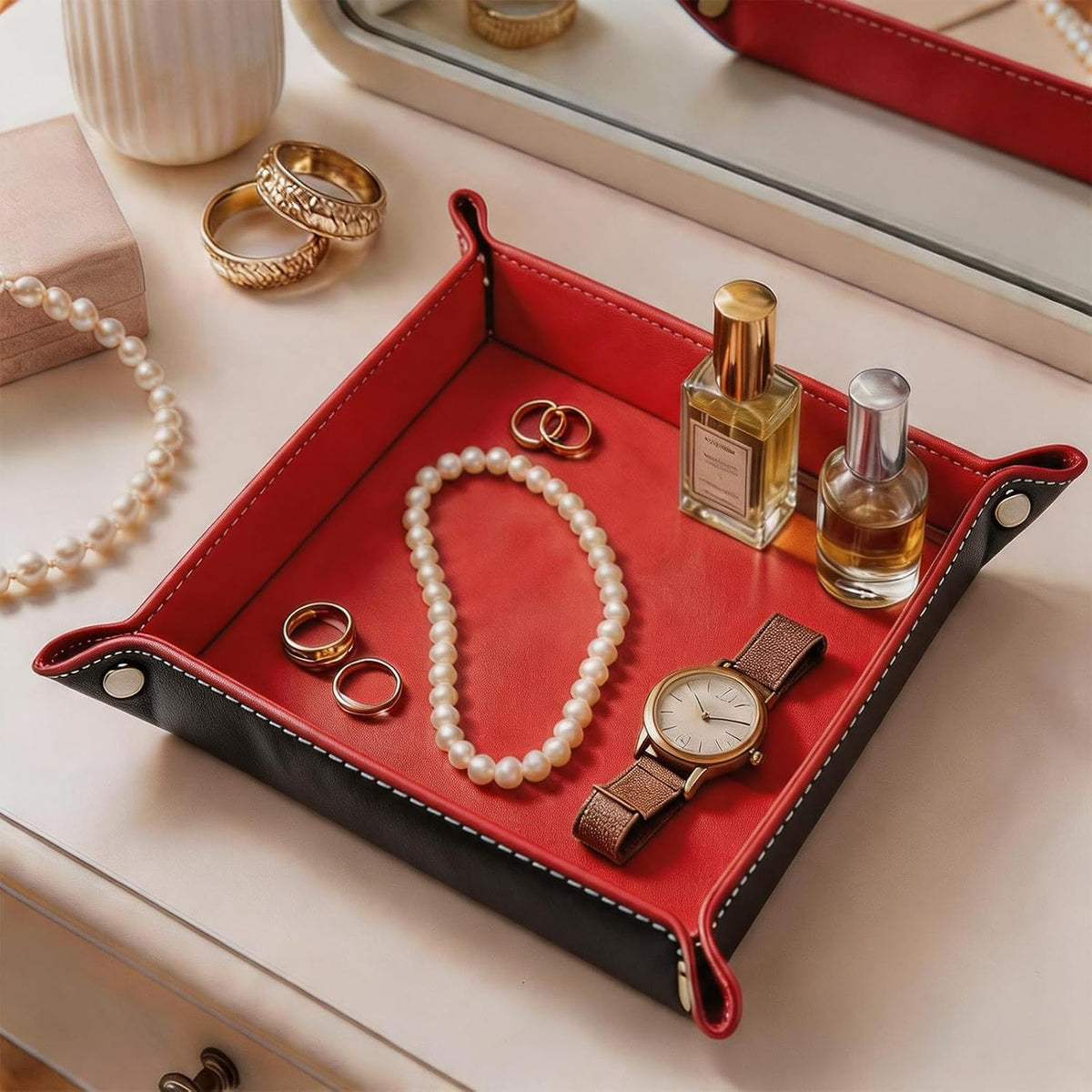 Valet Tray Desktop Storage Organizer – Vegan Leather Catchall Bedside Vanity Tray Nightstand Caddy Holder for Remote Controller, Watch, Keys, Phone, Wallet, Coin, Jewelry (Orange/Black)