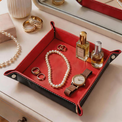 Valet Tray Desktop Storage Organizer – Vegan Leather Catchall Bedside Vanity Tray Nightstand Caddy Holder for Remote Controller, Watch, Keys, Phone, Wallet, Coin, Jewelry (Orange/Black)