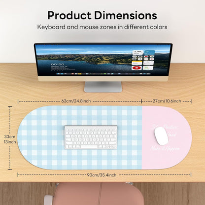Checkered Pattern Desk Pad Protector, 35.5 x 13'' Aesthetic Mouse Mat for Desktop, Waterproof PU Leathe Non-Slip Desk Writing Pad for Office and Home, Green and Purple