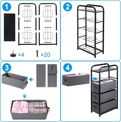 Dresser Storage with 3 Drawers, Fabric Dresser Tower, Vertical Storage Unit for Bedroom, Closet, Office, Black