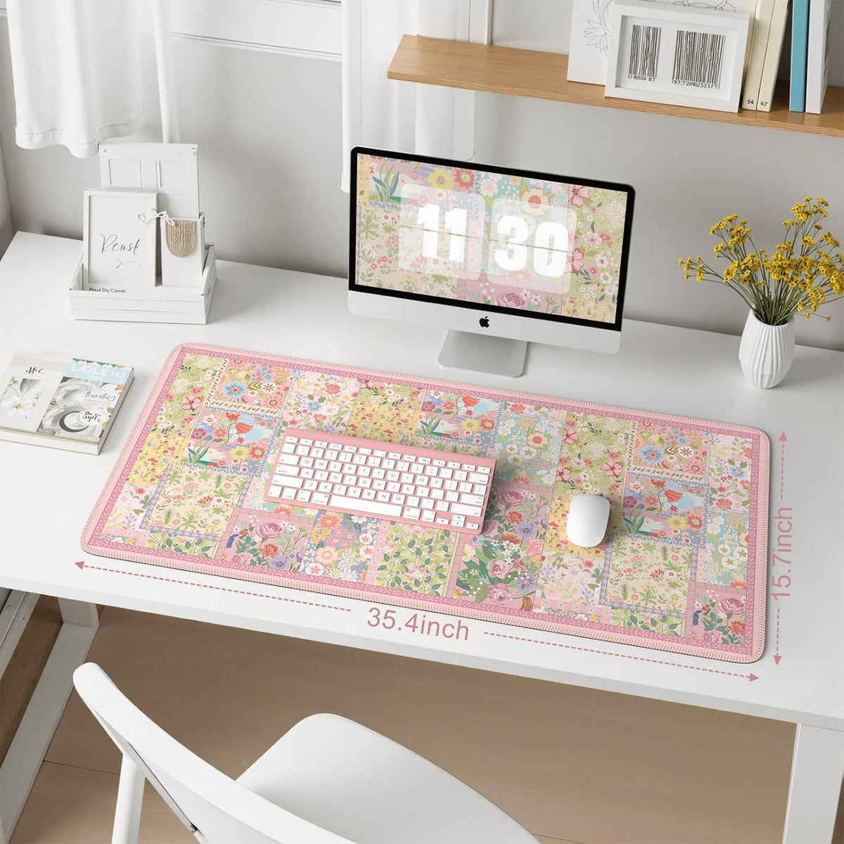 Desk Mat,Mouse Pad for Office Desk,35.4x15.7in,Pink Flowers