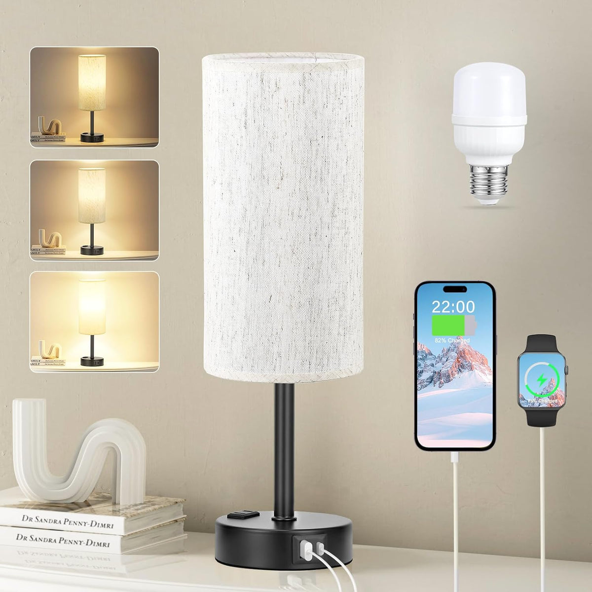 Fenmzee Bedside Table Lamp for Bedroom - Dimmable Touch, USB A+C, AC Outlet