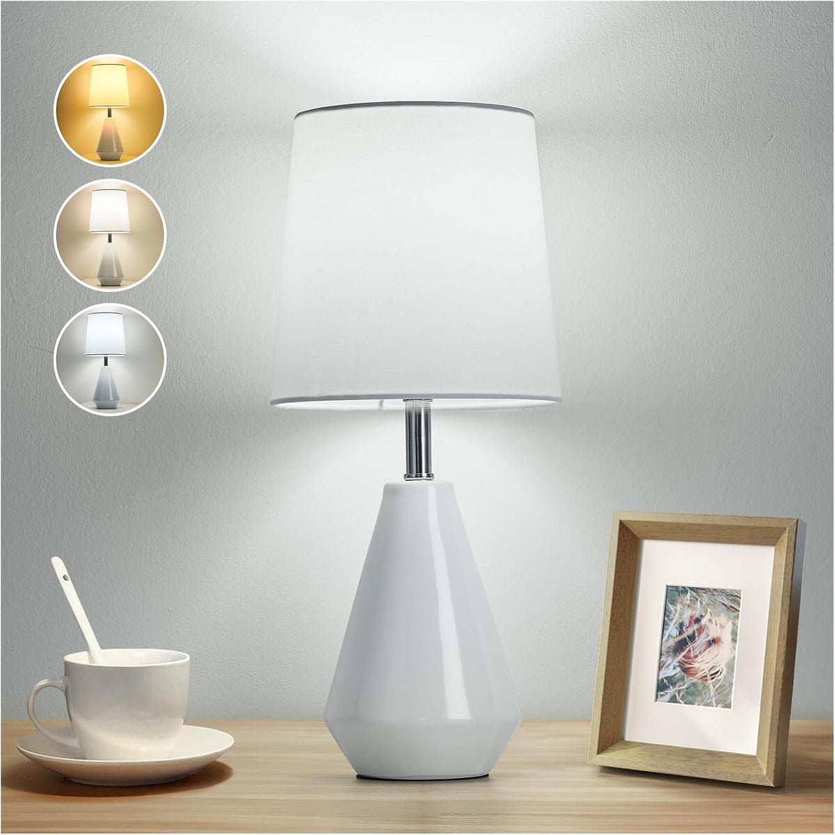 Small Bedside Table Lamp for Bedroom - Reading Desk Lamp with 3 Color Temperatures，15.5" Nightstand Ceramic Lamp with Fabric Shade for Kids Room,Living Room,Dorm,Home Office (Green)
