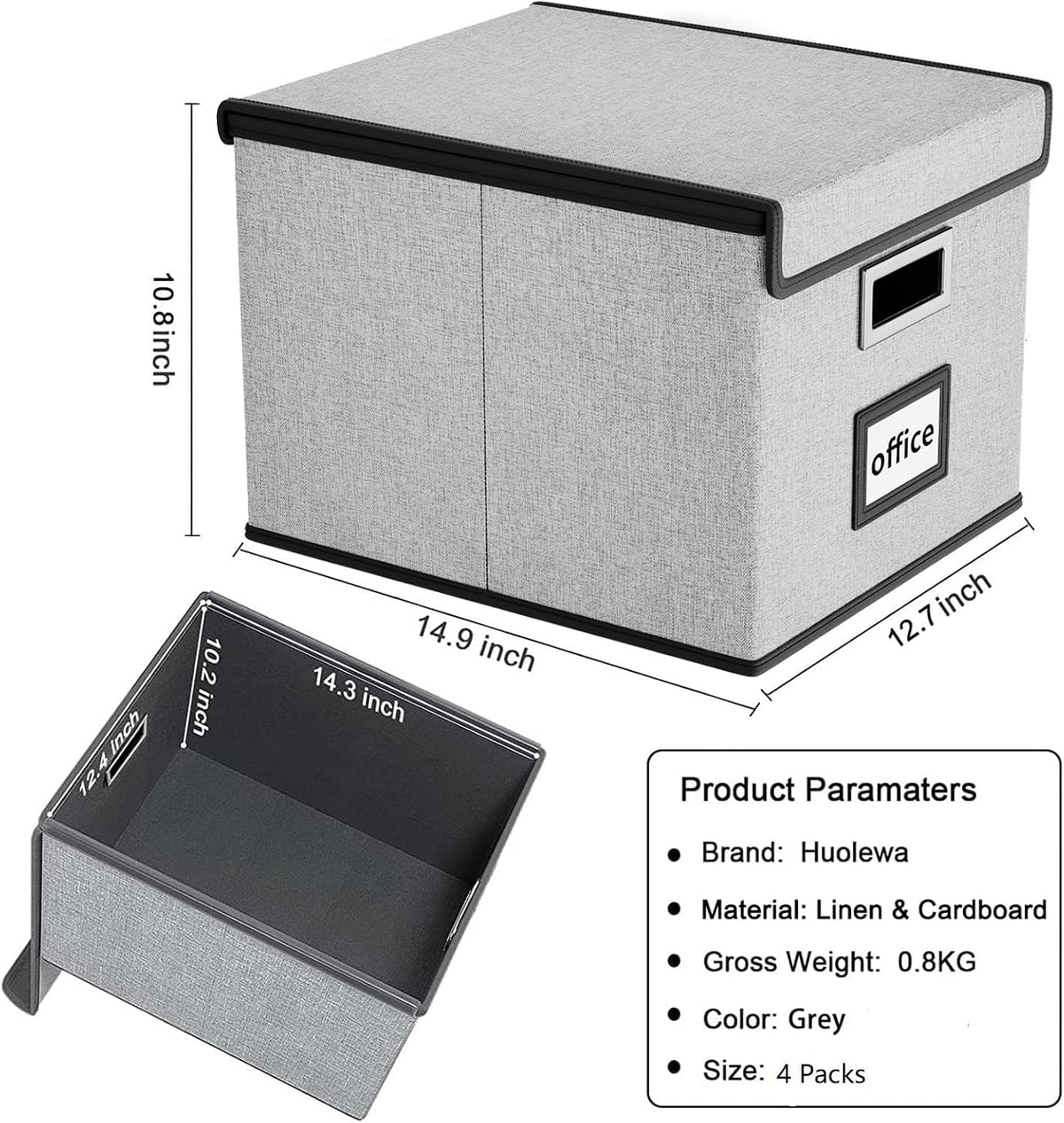 Upgraded Portable File Organizer Box with Lid, Collapsible Linen Hanging Filing Storage Boxes with Plastic Slides, Decorative Home/Office Filing System Box for File and Folders Storage (Gray)