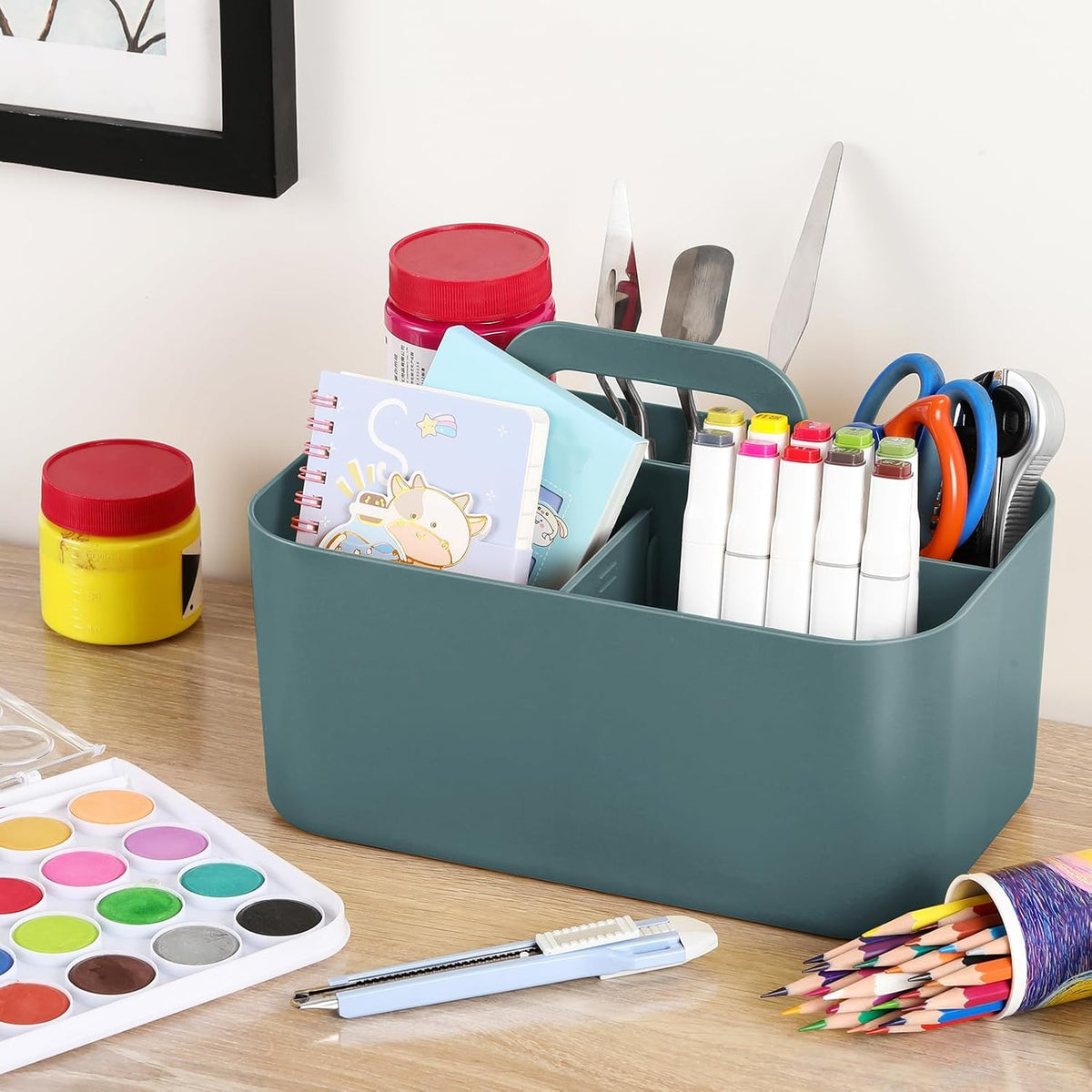 Multiuse Caddy Organizer with Handle, Portable Divided Plastic Tote Bin - Art Craft, Stationary Pen Marker Crayons, Makeup Hair Supplies Storage - Bathroom, Classroom, Dorm, Office, Desk Holder -Black