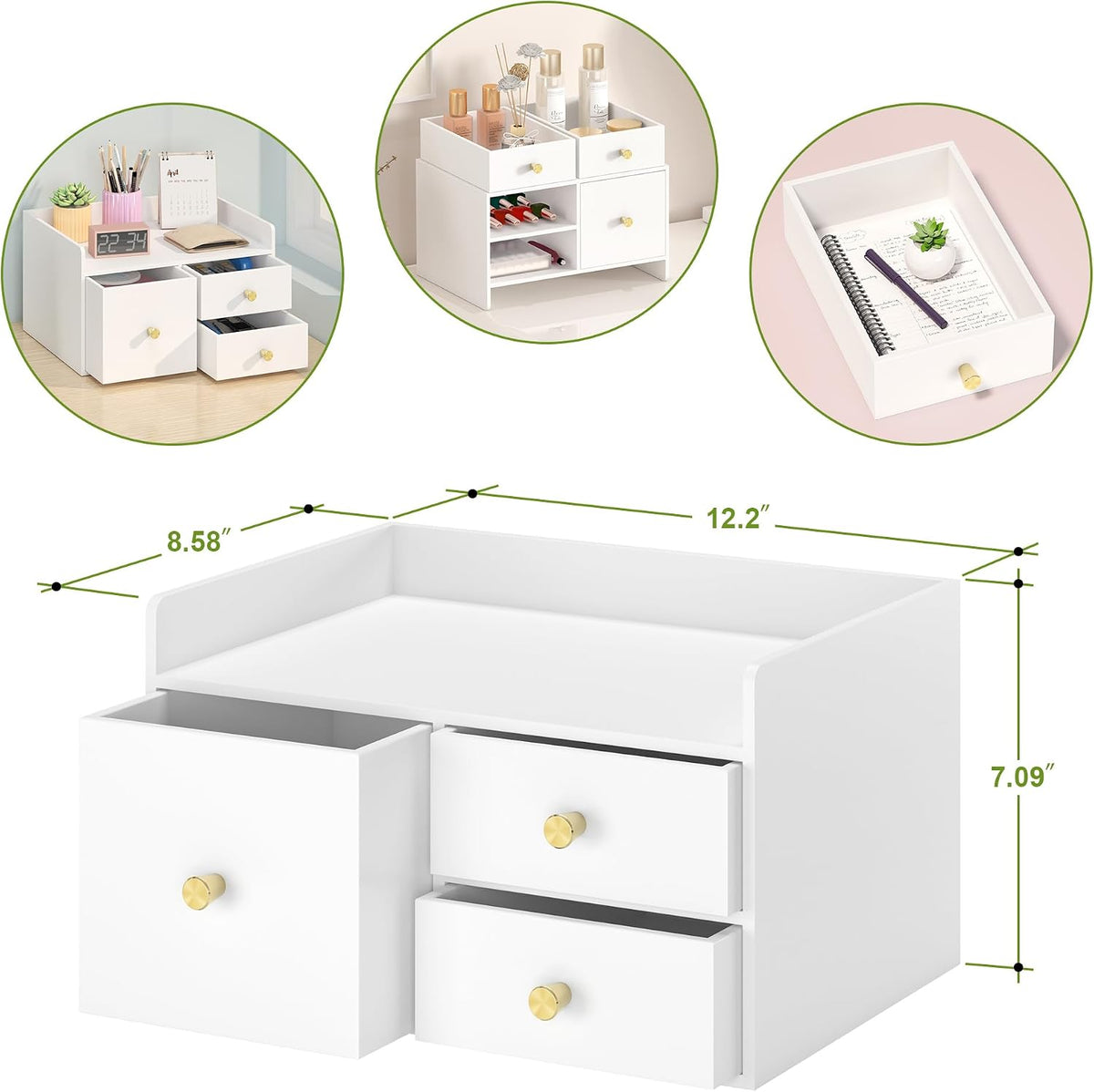 Bamboo Desk Organizer with Drawers Wooden Desktop Storage Drawers (1, Black 3 Drawer)