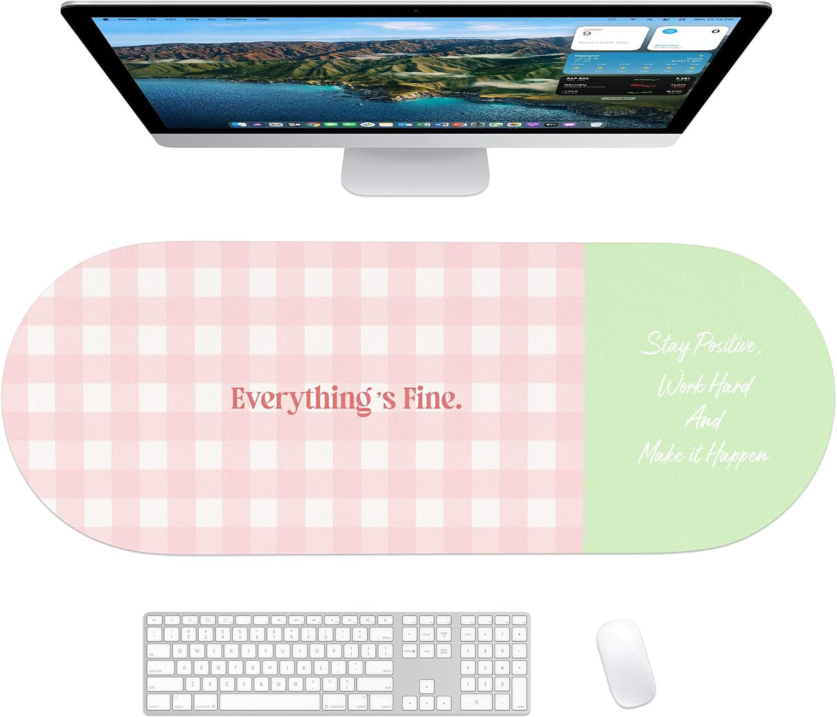Checkered Pattern Desk Pad Protector, 35.5 x 13'' Aesthetic Mouse Mat for Desktop, Waterproof PU Leathe Non-Slip Desk Writing Pad for Office and Home, Green and Purple