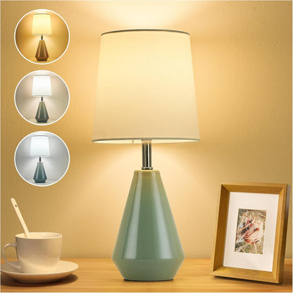 Small Bedside Table Lamp for Bedroom - Reading Desk Lamp with 3 Color Temperatures，15.5" Nightstand Ceramic Lamp with Fabric Shade for Kids Room,Living Room,Dorm,Home Office (Green)