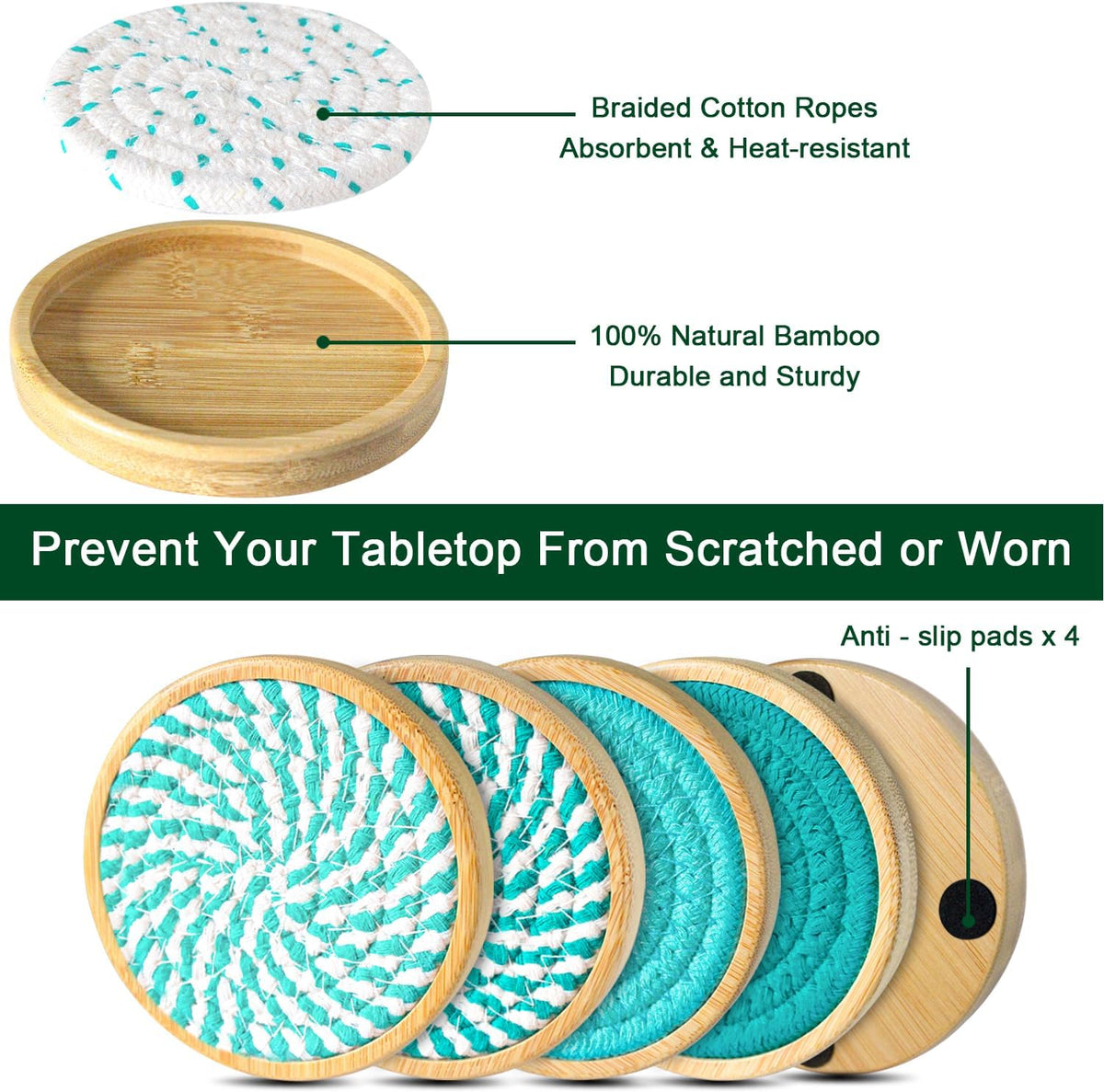 Wood Coasters for Drinks, Eykao Absorbent Coaster Sets of 5, Woven Drink Coasters for Coffee Table, Housewarming Gift for Farmhouse Home Decor,4 inches