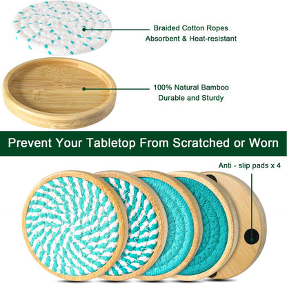 Wood Coasters for Drinks, Eykao Absorbent Coaster Sets of 5, Woven Drink Coasters for Coffee Table, Housewarming Gift for Farmhouse Home Decor,4 inches