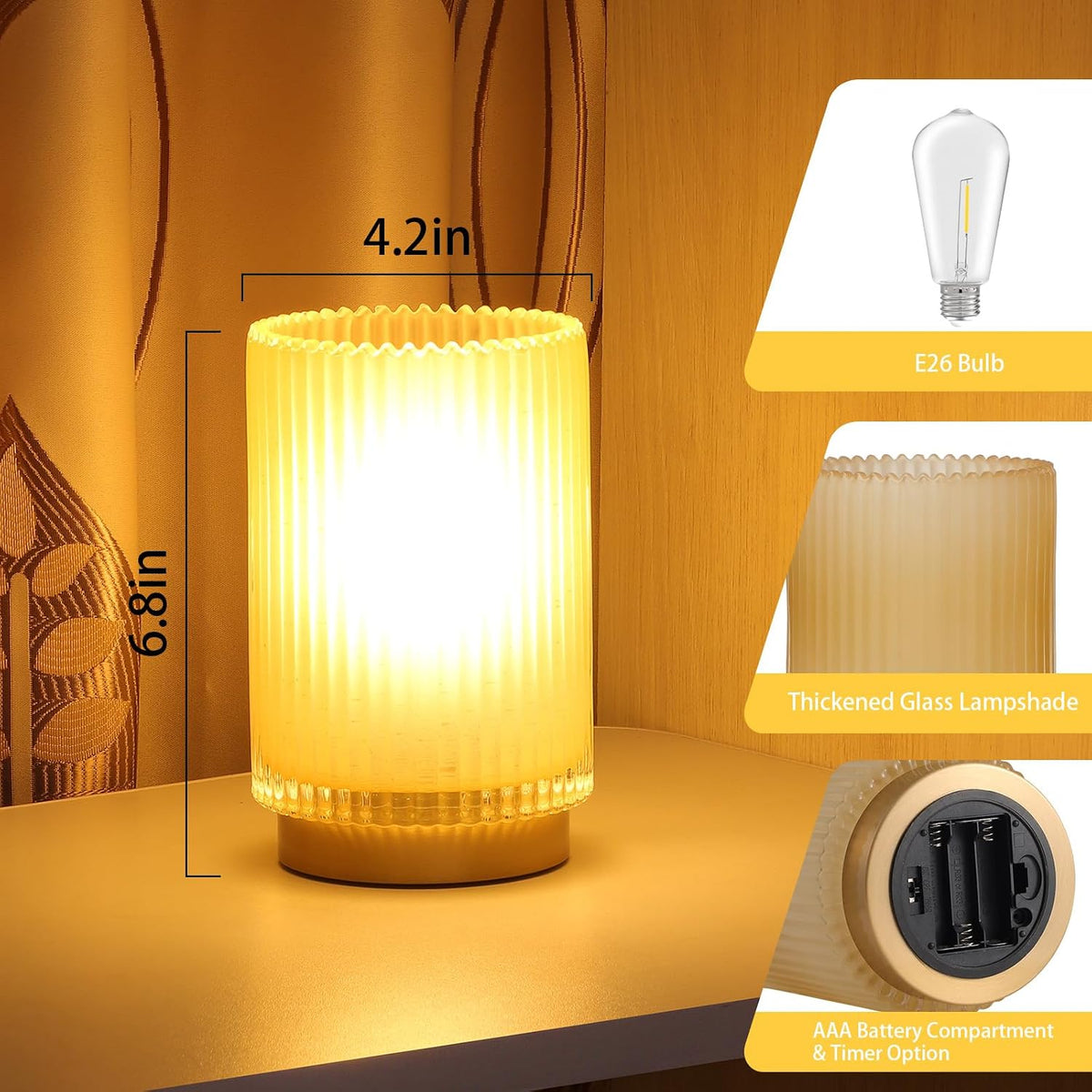Battery Operated Lamp, Cordless Table Lamp with Timer, Desk Bedside Lamps with LED Warm Light, Glass Small Table Lamp for Bedroom, Bathroom, Living Room, Home Decor - Amber
