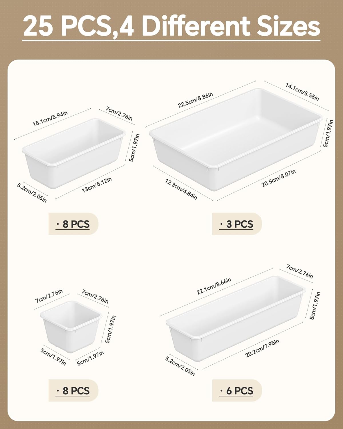 KEMETHY 25 PCS Plastic Drawer Organizers Set, 4 Sizes Vanity Organizer, Makeup and Desk Drawer Organizer Trays, Organization and Storage for Makeup, Bathroom, Kitchen Utensils and Office (Black)