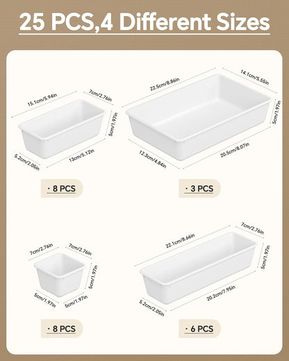 KEMETHY 25 PCS Plastic Drawer Organizers Set, 4 Sizes Vanity Organizer, Makeup and Desk Drawer Organizer Trays, Organization and Storage for Makeup, Bathroom, Kitchen Utensils and Office (Black)