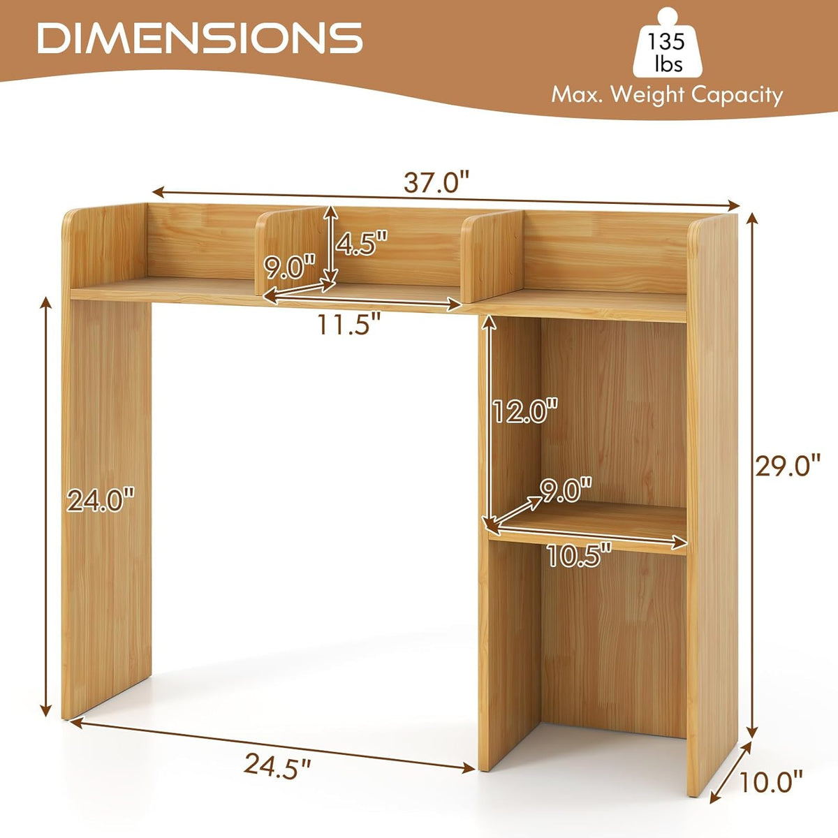 Desktop Bookshelf, Countertop Storage Hutch with 5 Shelves for Computer Desk, Desk 3-Tier Display Rack, Multipurpose Wood Desktop Hutch Storage Organizer for Dorm Office Home