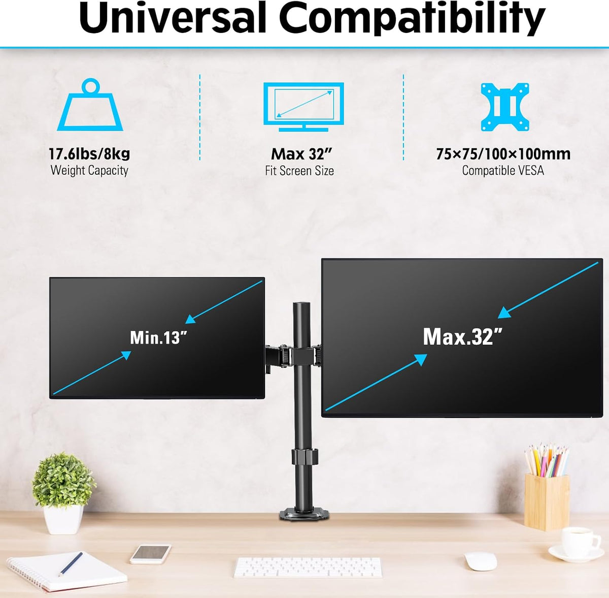 Dual Monitor Desk Mount, Max 32 Inch up to 17.6lbs, Fully Adjustable Dual Monitor Arm for 2 LCD Screens, Double Monitor Stand with C-Clamp and Grommet Base