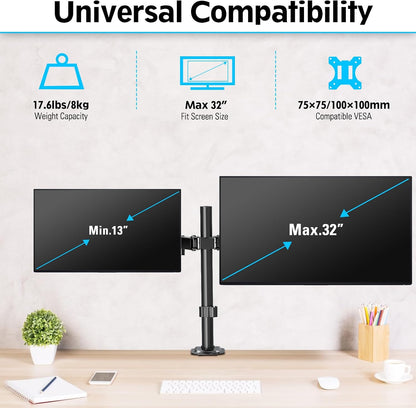 Dual Monitor Desk Mount, Max 32 Inch up to 17.6lbs, Fully Adjustable Dual Monitor Arm for 2 LCD Screens, Double Monitor Stand with C-Clamp and Grommet Base
