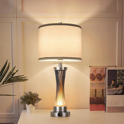 Small Bedside Table Lamp for Bedroom - Reading Desk Lamp with 3 Color Temperatures，15.5" Nightstand Ceramic Lamp with Fabric Shade for Kids Room,Living Room,Dorm,Home Office (Green)