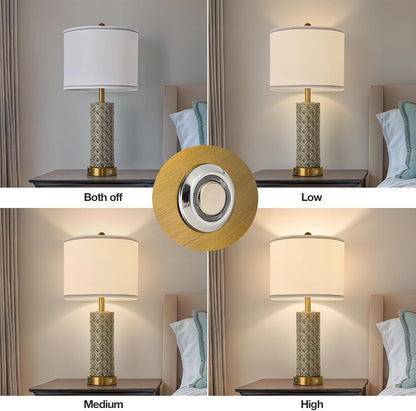 Small Bedside Table Lamp for Bedroom - Reading Desk Lamp with 3 Color Temperatures，15.5" Nightstand Ceramic Lamp with Fabric Shade for Kids Room,Living Room,Dorm,Home Office (Green)